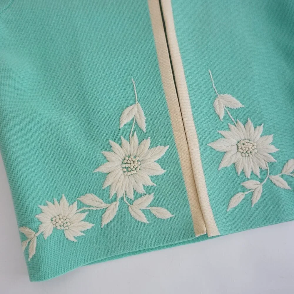 Vintage Teal w White Embroidered Floral Open Front Cardigan Sweater S - Picture 7 of 11